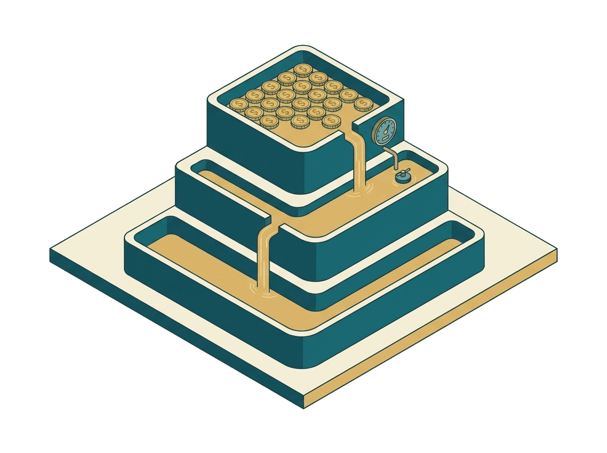 Tiered isometric liquidity pools with gold coin reserves flowing between basins