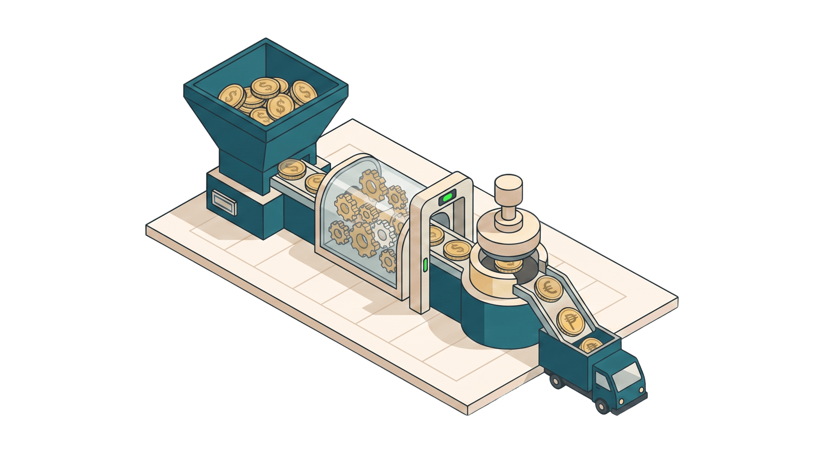 Isometric settlement machine turning US dollar coins into local currency through a checkpoint