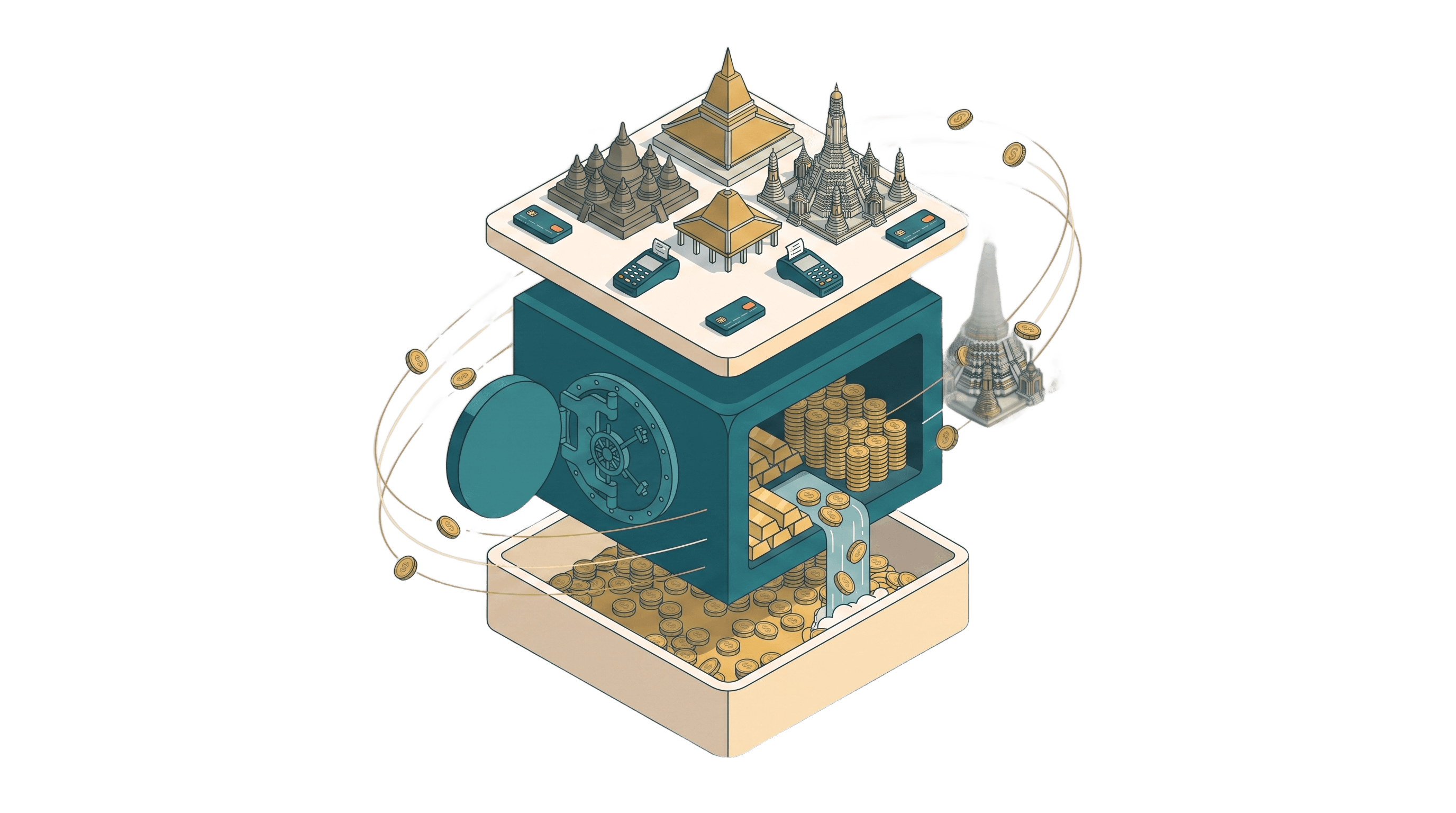 Isometric floating treasury island with an open vault of reserves and orbiting coins
