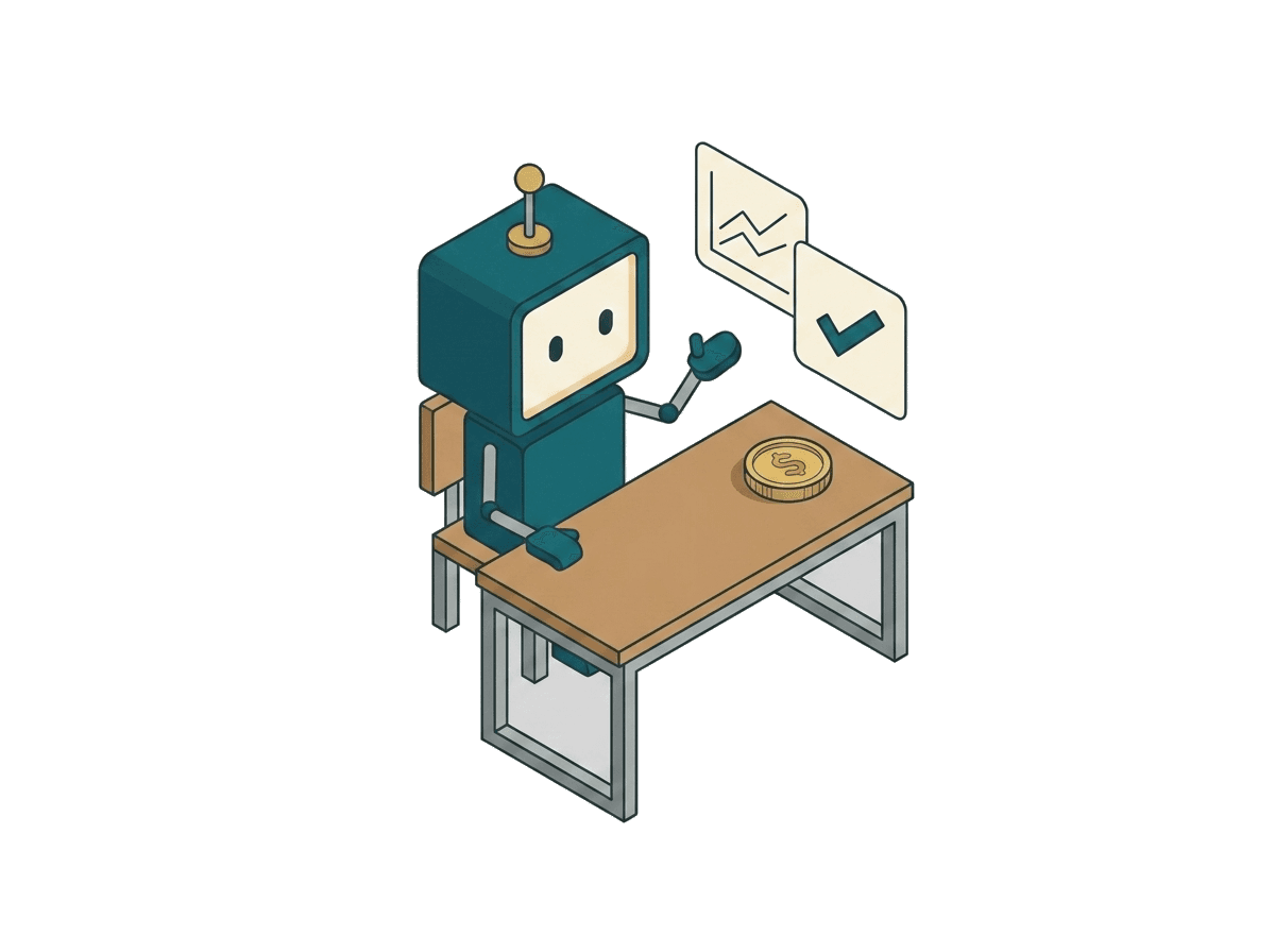 0xWal, an isometric robot assistant at a desk, presenting suggestion cards