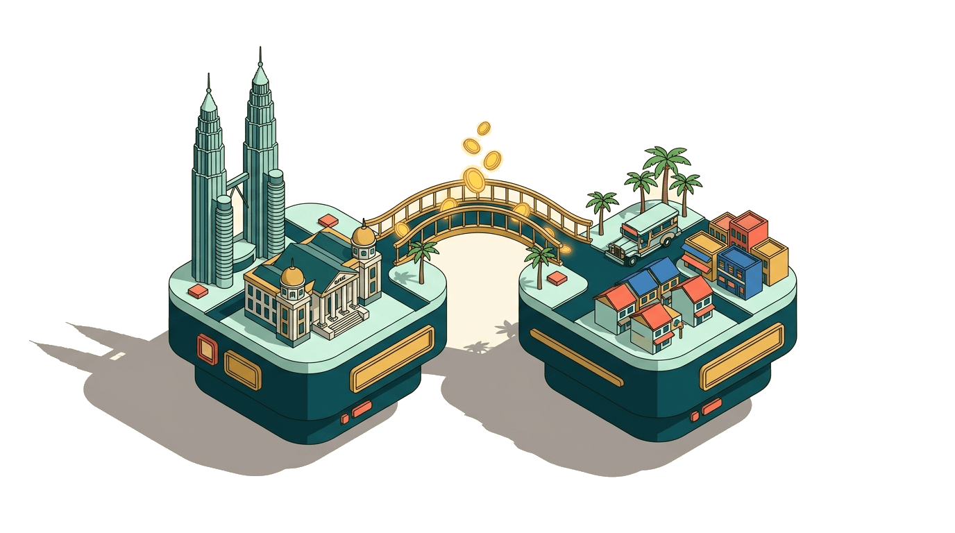 Two isometric city platforms, Kuala Lumpur and Manila, connected by a golden bridge of flowing coins