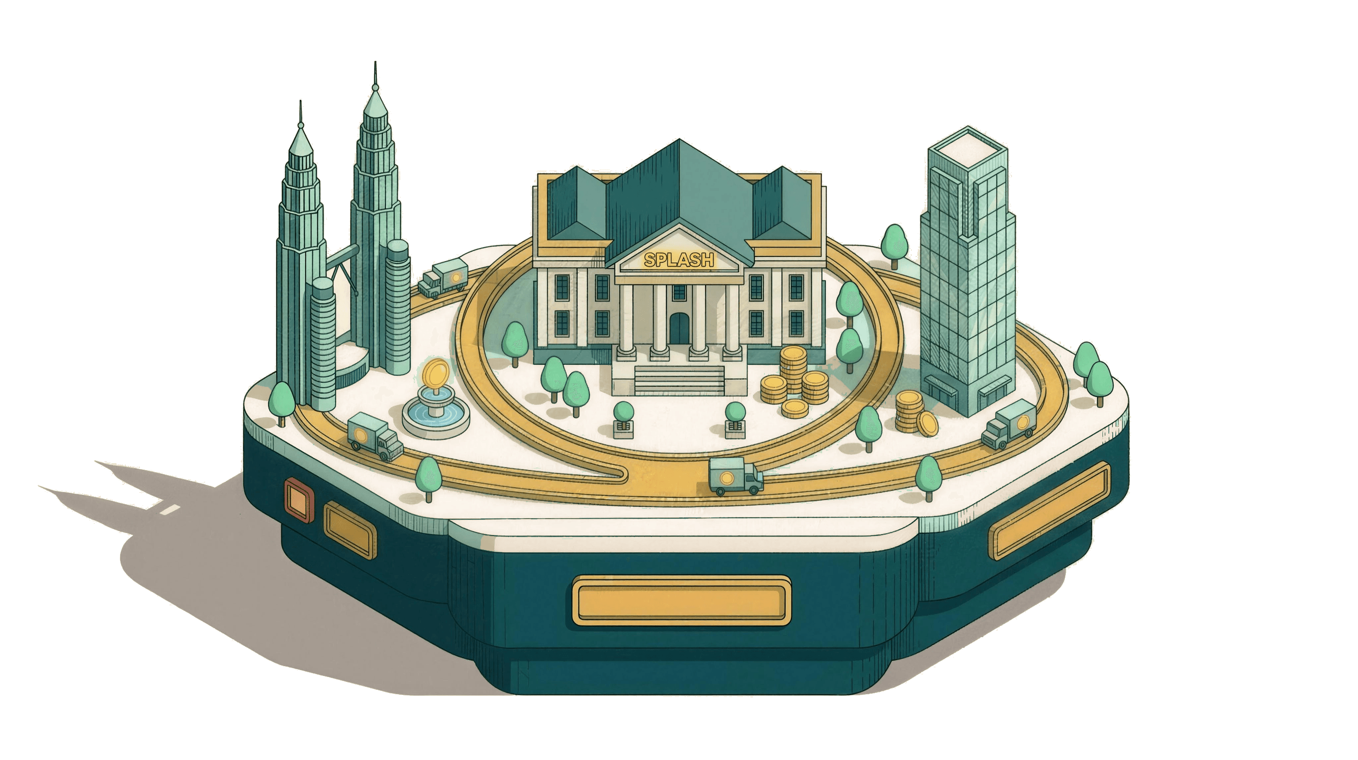 Isometric Splash headquarters campus on a floating platform: columned SPLASH building, Petronas towers, a glass tower, and a golden ring road with coin trucks
