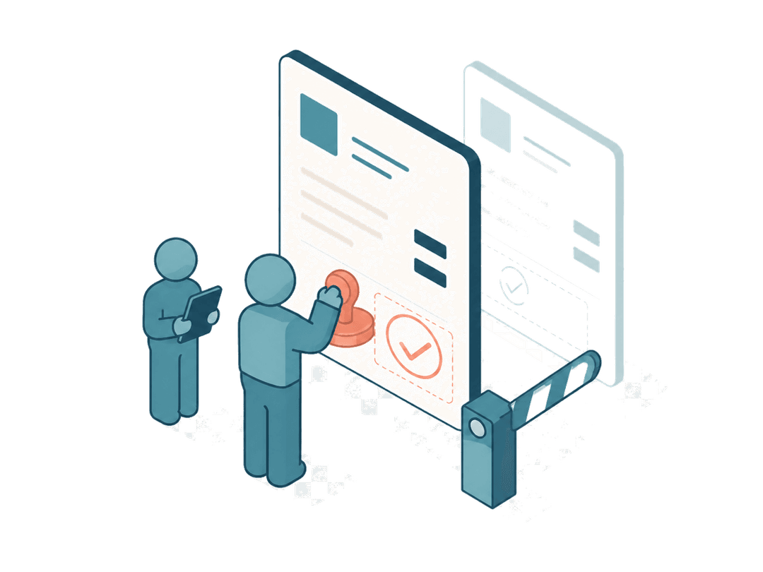 Isometric maker-checker approval: a person stamping a document at a release gate