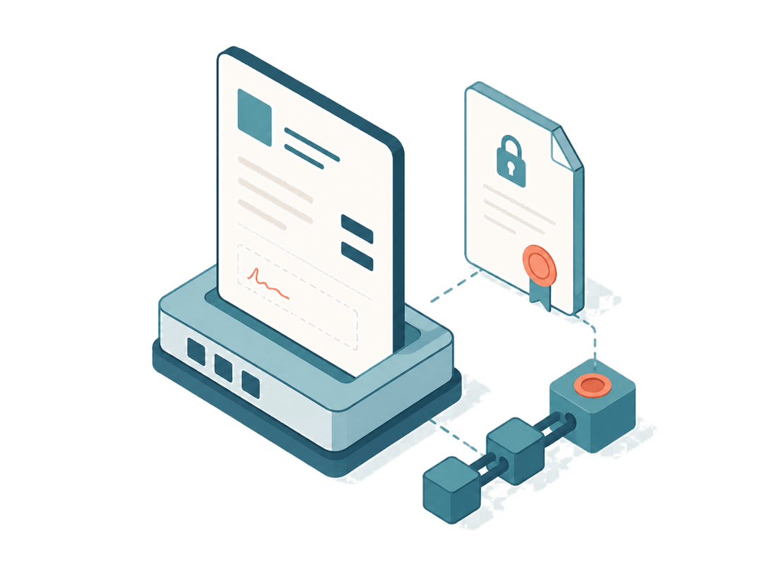 Isometric settlement dock linking a sealed evidence document to an on-chain block chain