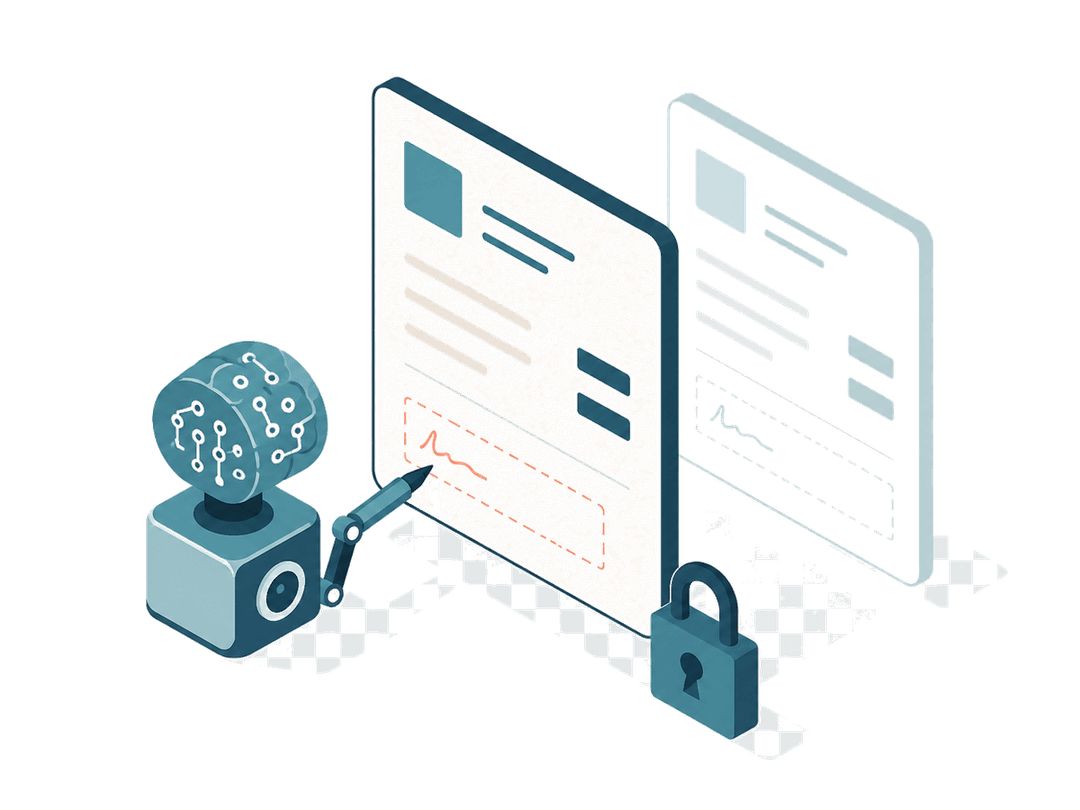 Isometric AI robot drafting an unsigned proposal with a pen