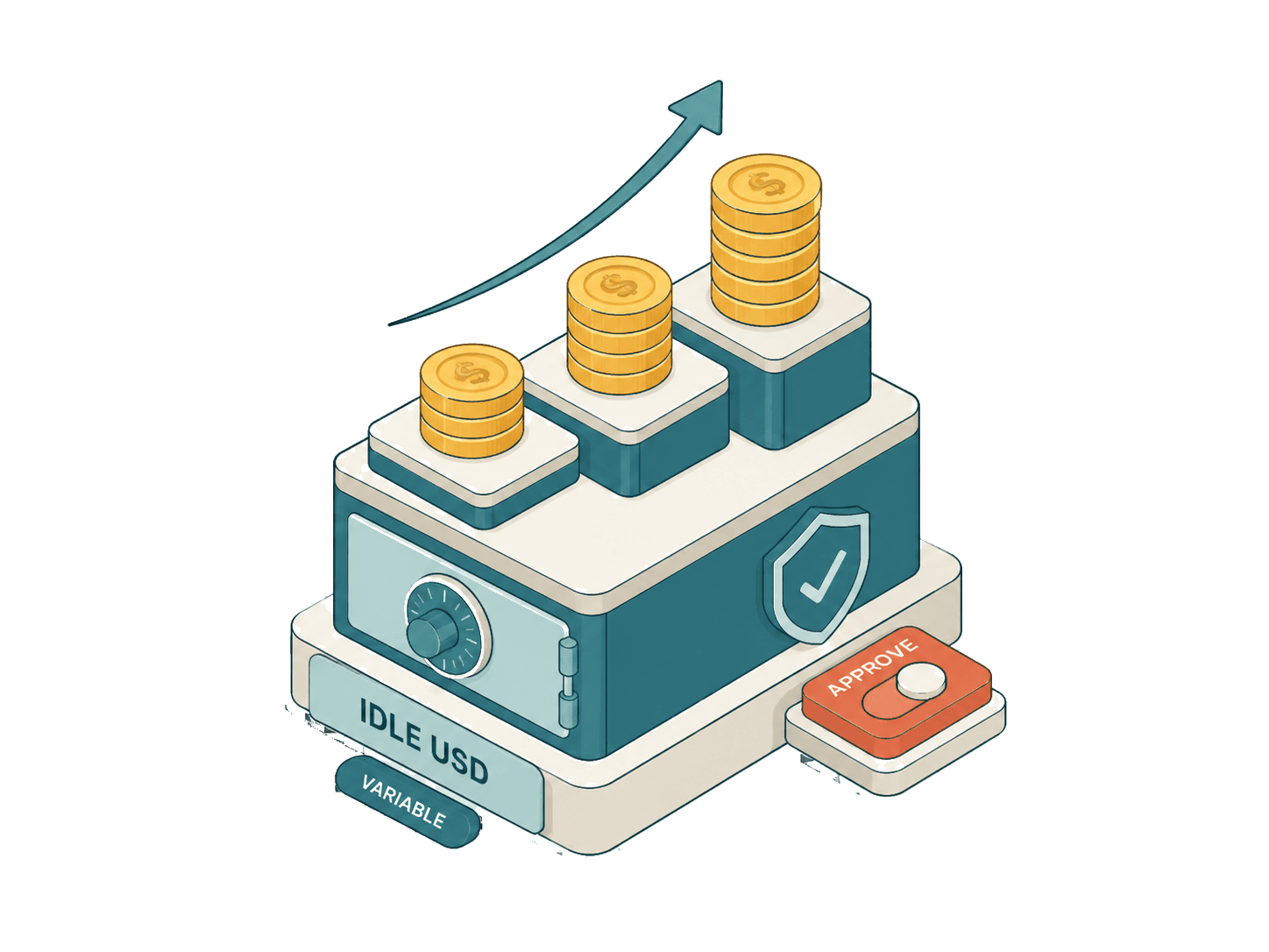 Isometric treasury tiers of idle USD growing along a yield curve, gated by an approve control