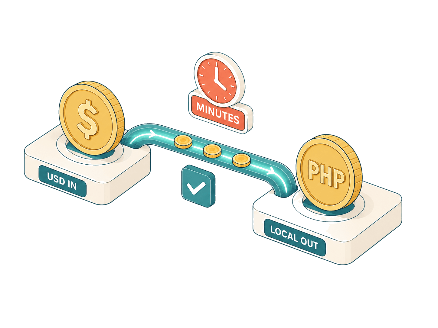 Isometric settlement: a USD coin crossing an approved rail in minutes to arrive as a PHP coin
