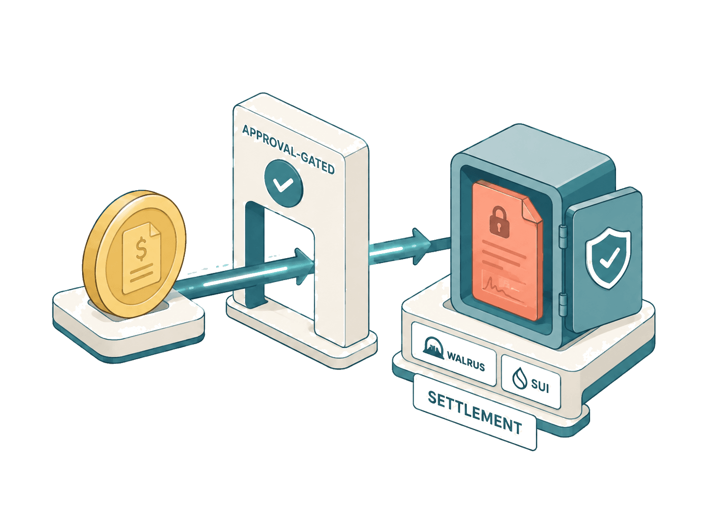 Isometric settlement: a payment-intent coin passing an approval gate into a sealed-proof vault anchored on Walrus and Sui