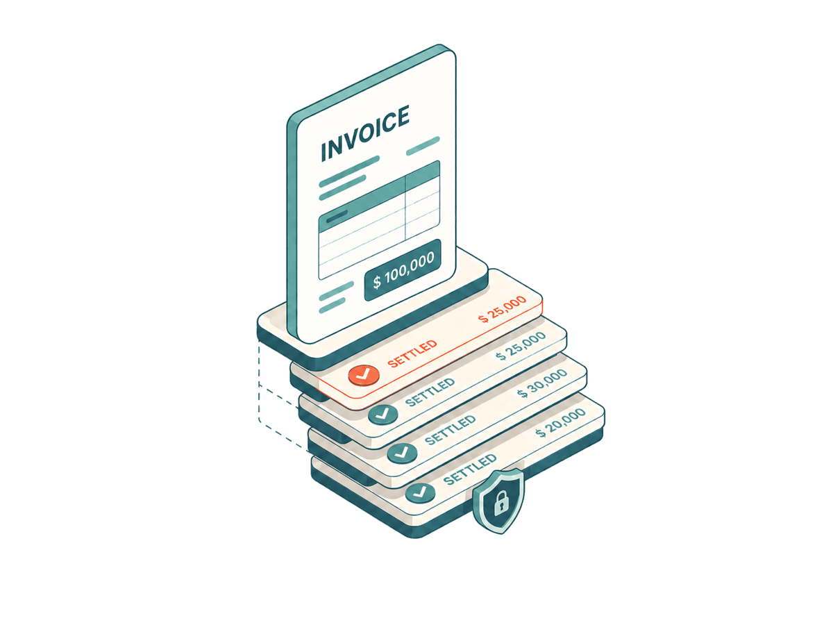 Isometric invoice accumulating stacked settlement-history evidence