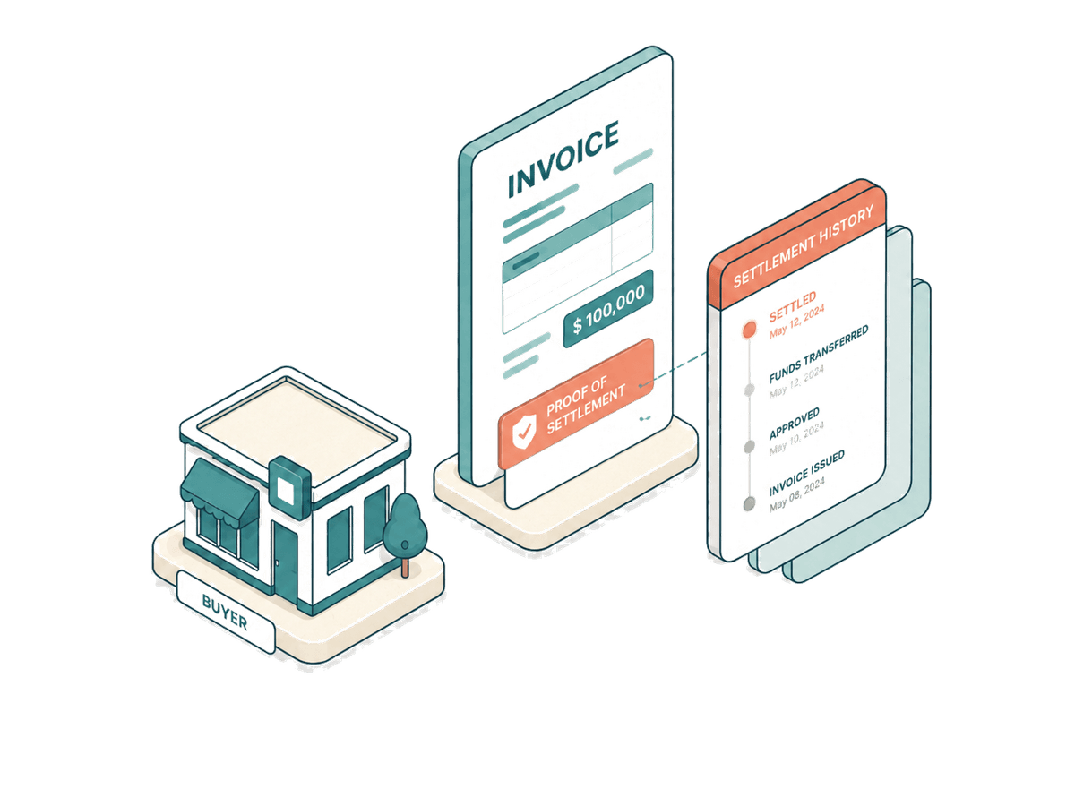 Isometric buyer reading an invoice history directly, no lender between